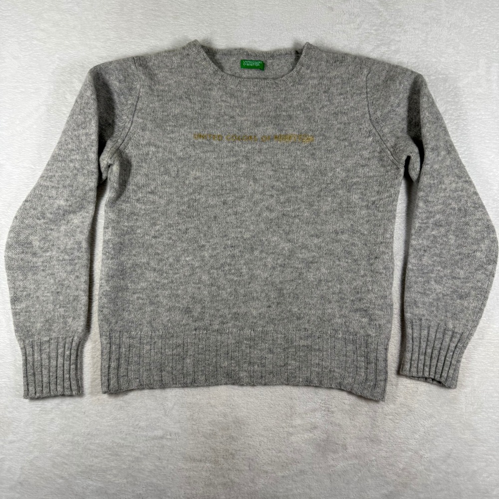 United Colors of Benetton Gray Wool Blend Crew Neck Logo Sweater Medium